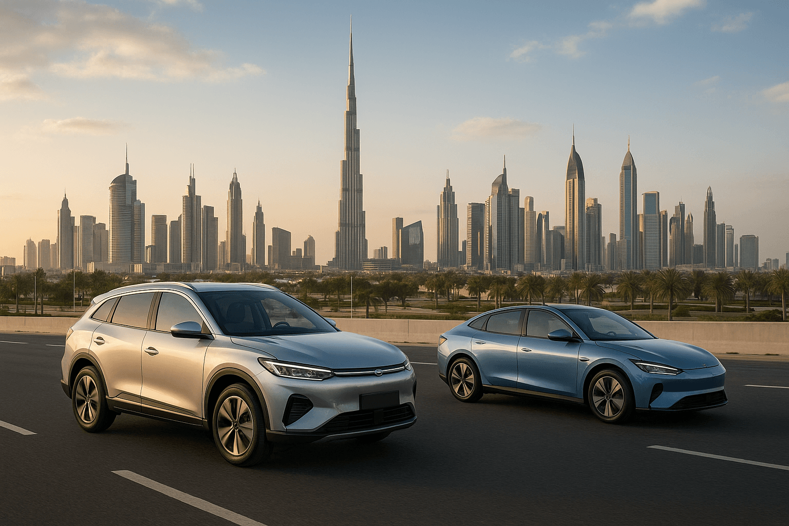 BYD Atto 3 electric SUV in Dubai with Burj Khalifa skyline