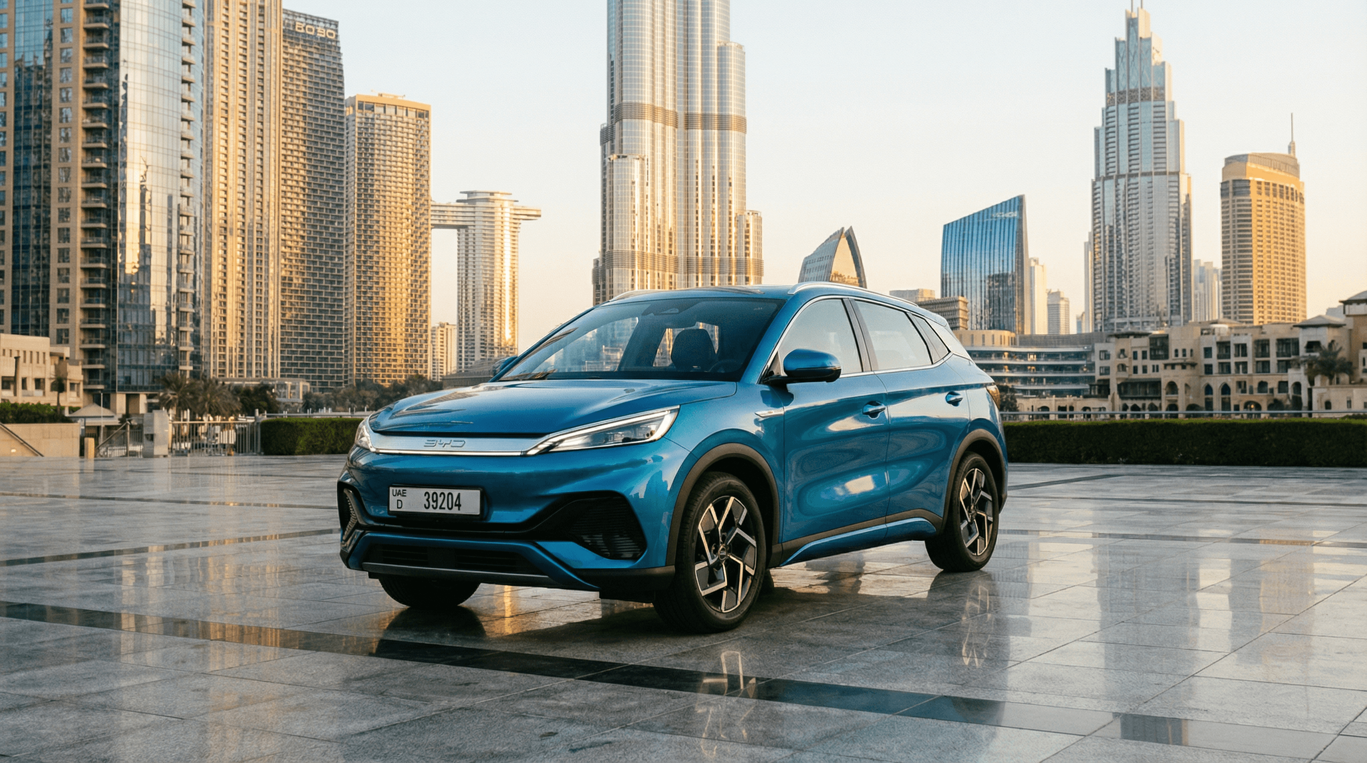 BYD Atto 3 electric SUV in Dubai with Burj Khalifa skyline