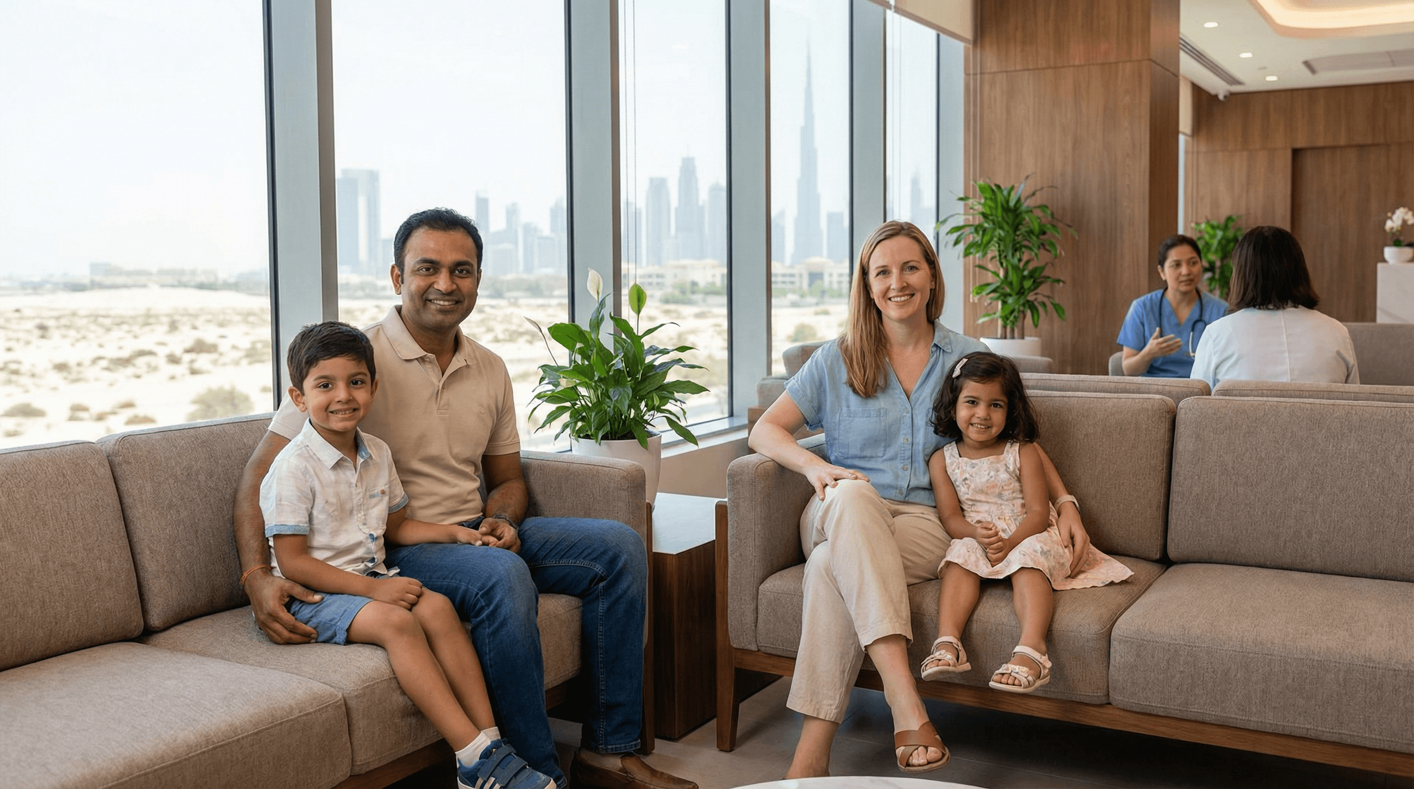 Expat family at modern Dubai healthcare clinic